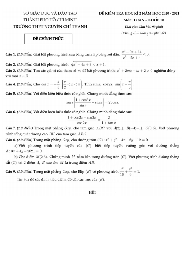 Đề thi HK2 Toán 10 năm 2020 – 2021 trường THPT Nguyễn Chí Thanh – TP HCM