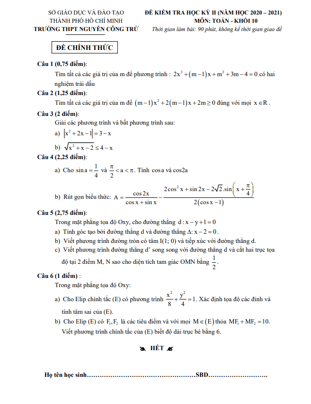 Đề thi HK2 Toán 10 năm 2020 – 2021 trường THPT Nguyễn Công Trứ – TP HCM