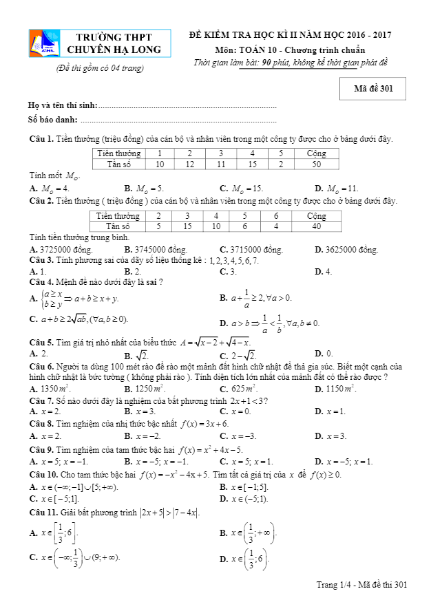 Đề thi HK2 Toán 10 năm học 2016 – 2017 trường THPT chuyên Hạ Long – Quảng Ninh