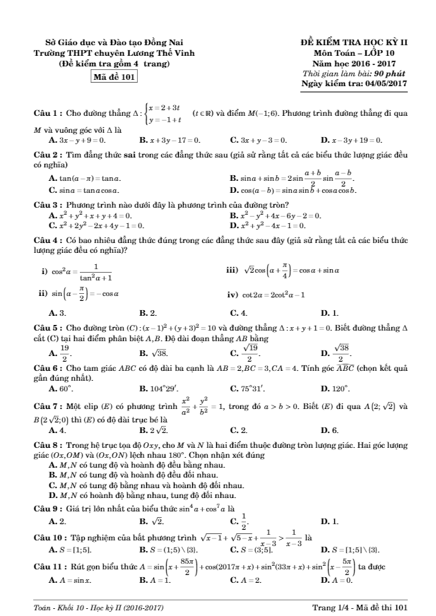 Đề thi HK2 Toán 10 năm học 2016 – 2017 trường THPT chuyên Lương Thế Vinh – Đồng Nai
