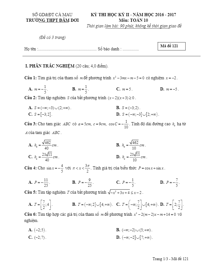 Đề thi HK2 Toán 10 năm học 2016 – 2017 trường THPT Đầm Dơi – Cà Mau