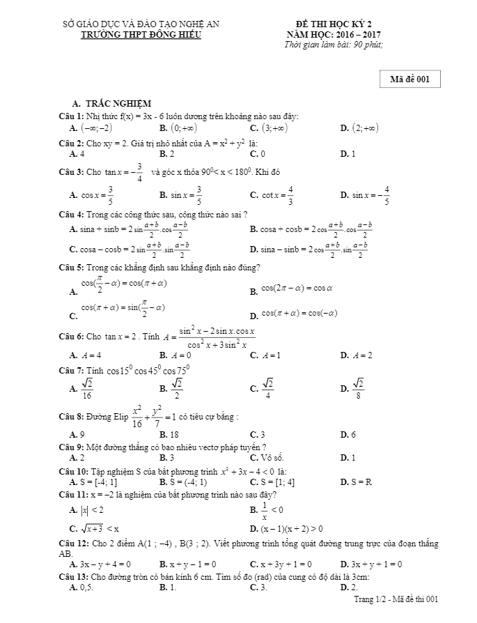 Đề thi HK2 Toán 10 năm học 2016 – 2017 trường THPT Đông Hiếu – Nghệ An