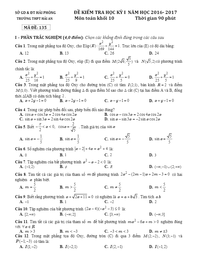 Đề thi HK2 Toán 10 năm học 2016 – 2017 trường THPT Hải An – Hải Phòng