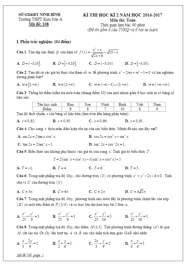 Đề thi HK2 Toán 10 năm học 2016 – 2017 trường THPT Kim Sơn A – Ninh Bình