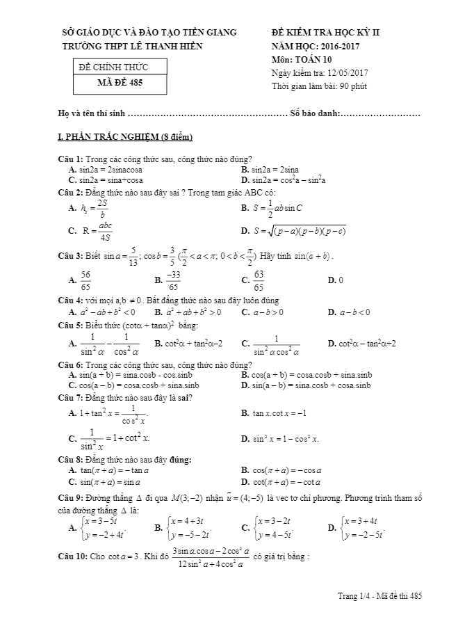 Đề thi HK2 Toán 10 năm học 2016 – 2017 trường THPT Lê Thanh Hiền – Tiền Giang