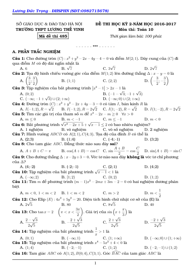 Đề thi HK2 Toán 10 năm học 2016 – 2017 trường THPT Lương Thế Vinh – Hà Nội