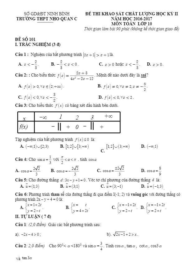 Đề thi HK2 Toán 10 năm học 2016 – 2017 trường THPT Nho Quan C – Ninh Bình
