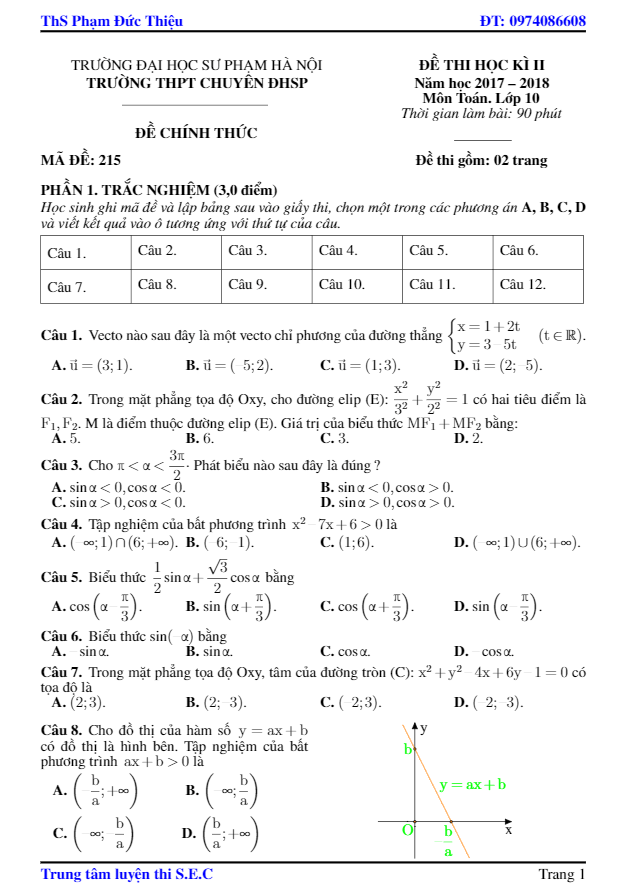 Đề thi HK2 Toán 10 năm học 2017 – 2018 trường THPT chuyên ĐHSP Hà Nội