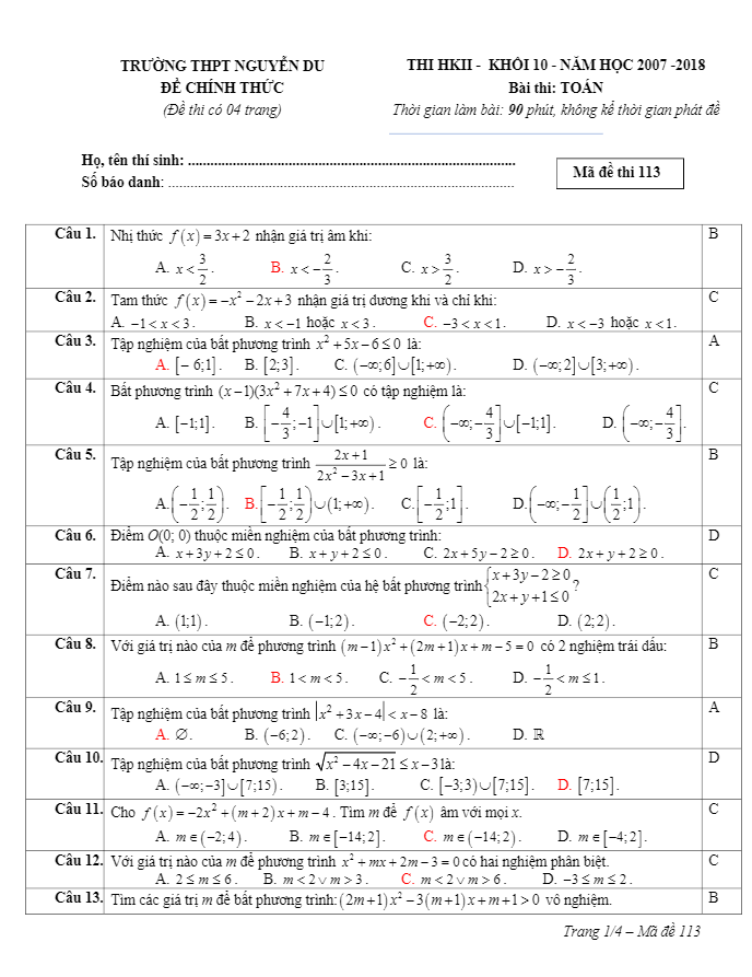 Đề thi HK2 Toán 10 năm học 2017 – 2018 trường THPT Nguyễn Du – Phú Yên