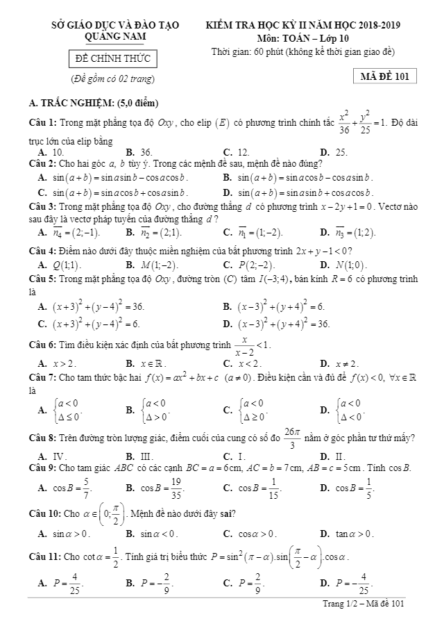 Đề thi HK2 Toán 10 năm học 2018 – 2019 sở GD và ĐT Quảng Nam