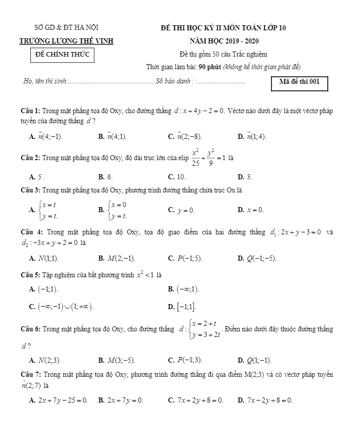 Đề thi HK2 Toán 10 năm học 2019 – 2020 trường Lương Thế Vinh – Hà Nội