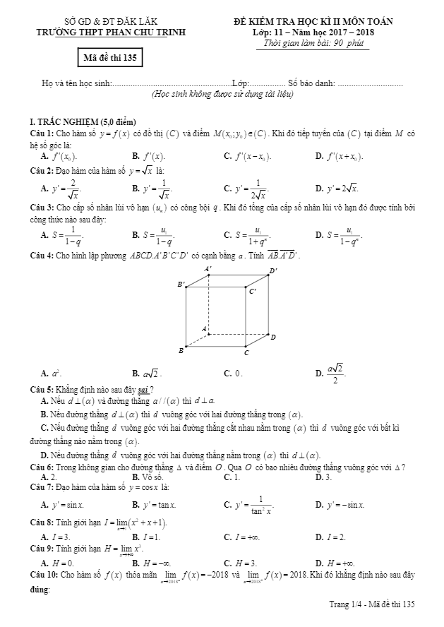 Đề thi HK2 Toán 11 năm 2017 – 2018 trường THPT Phan Chu Trinh – Đắk Lắk