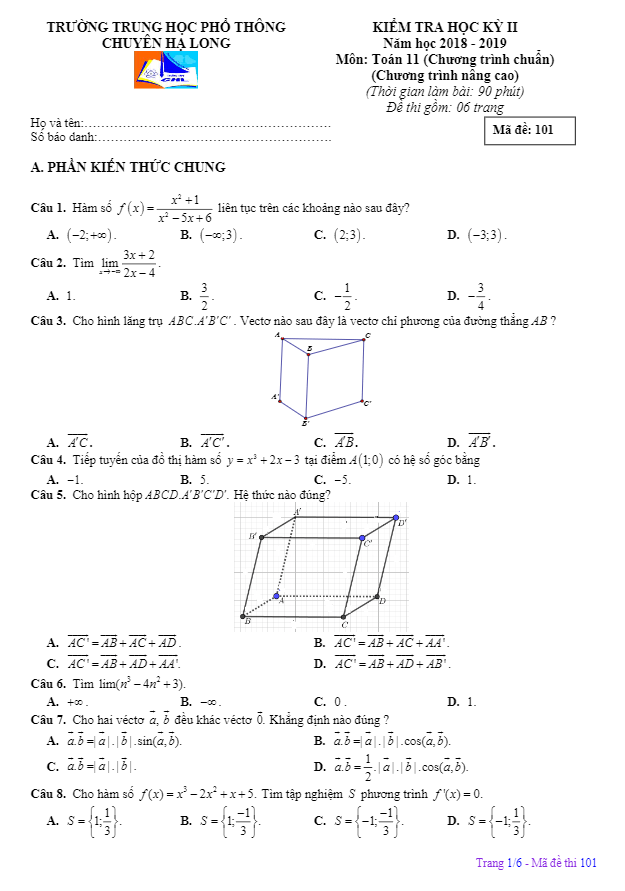 Đề thi HK2 Toán 11 năm 2018 – 2019 trường chuyên Hạ Long – Quảng Ninh