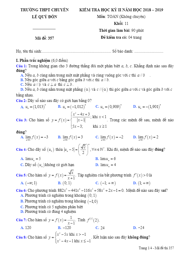 Đề thi HK2 Toán 11 năm 2018 – 2019 trường chuyên Lê Quý Đôn – Khánh Hòa