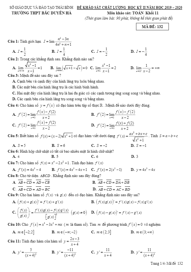 Đề thi HK2 Toán 11 năm 2019 – 2020 trường THPT Bắc Duyên Hà – Thái Bình