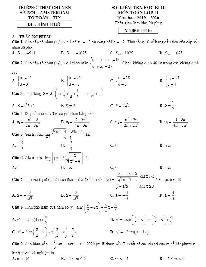 Đề thi HK2 Toán 11 năm 2019 – 2020 trường THPT chuyên Hà Nội – Amsterdam