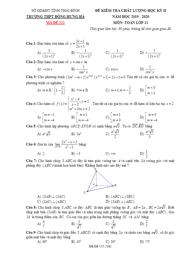 Đề thi HK2 Toán 11 năm 2019 – 2020 trường THPT Đông Hưng Hà – Thái Bình