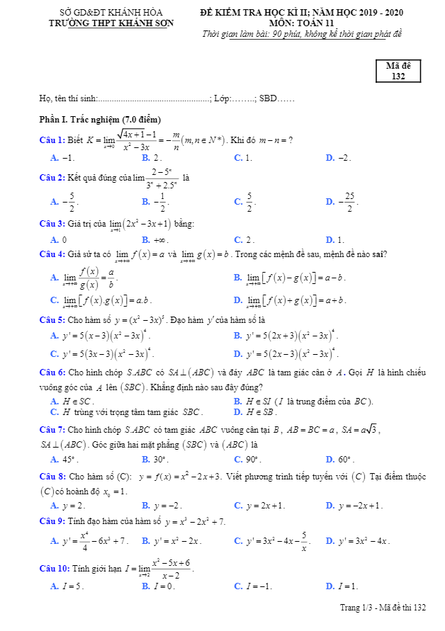 Đề thi HK2 Toán 11 năm 2019 – 2020 trường THPT Khánh Sơn – Khánh Hòa