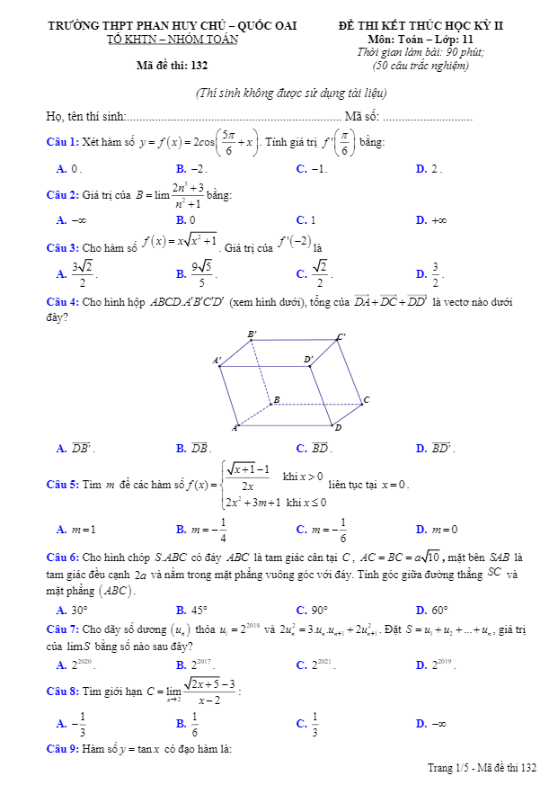 Đề thi HK2 Toán 11 năm 2019 – 2020 trường THPT Phan Huy Chú – Hà Nội
