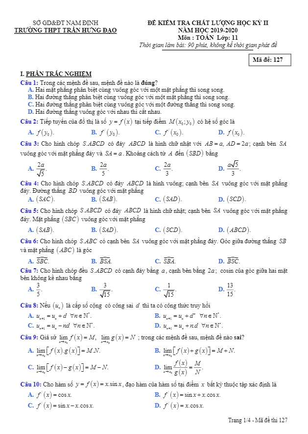 Đề thi HK2 Toán 11 năm 2019 – 2020 trường THPT Trần Hưng Đạo – Nam Định