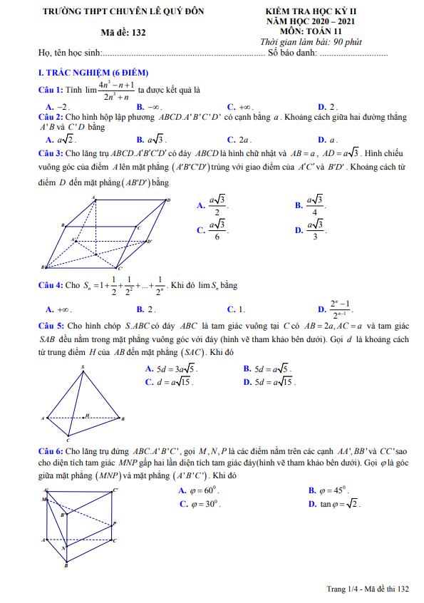 Đề thi HK2 Toán 11 năm 2020 – 2021 trường chuyên Lê Quý Đôn – Khánh Hòa