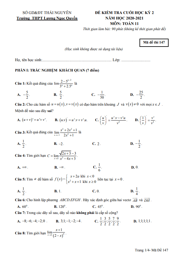 Đề thi HK2 Toán 11 năm 2020 – 2021 trường Lương Ngọc Quyến – Thái Nguyên