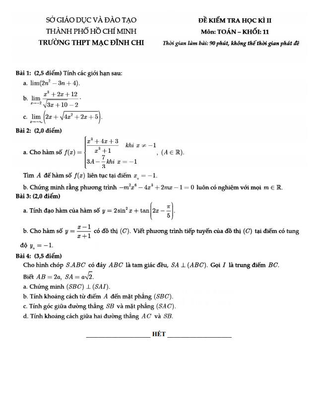 Đề thi HK2 Toán 11 năm 2020 – 2021 trường THPT Mạc Đĩnh Chi – TP HCM