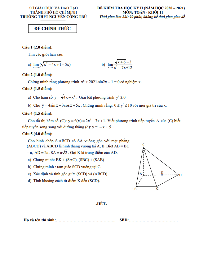 Đề thi HK2 Toán 11 năm 2020 – 2021 trường THPT Nguyễn Công Trứ – TP HCM