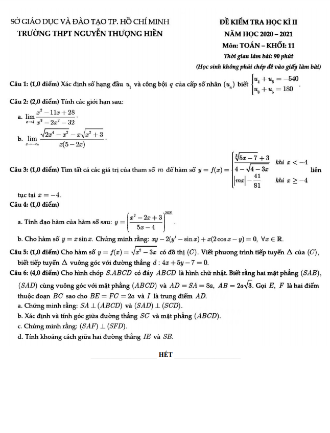 Đề thi HK2 Toán 11 năm 2020 – 2021 trường THPT Nguyễn Thượng Hiền – TP HCM