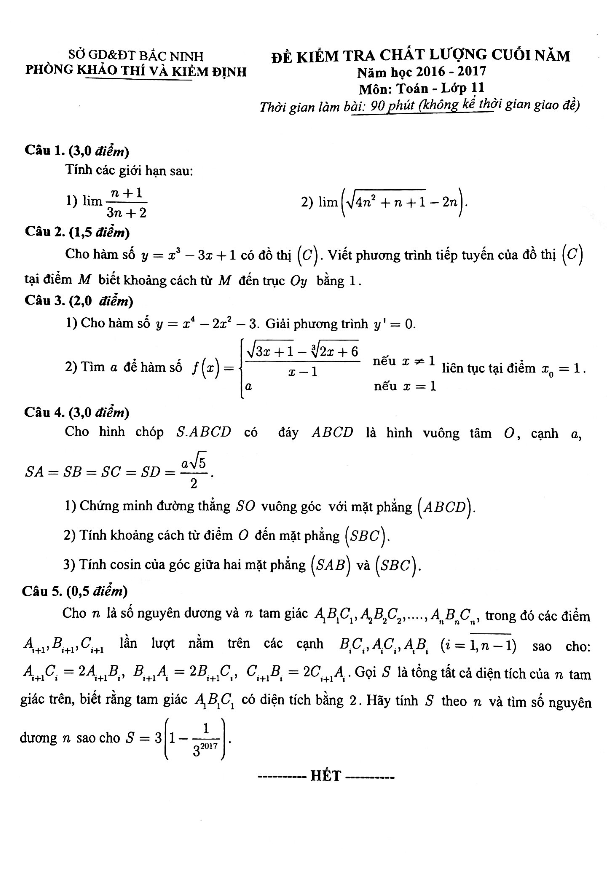 Đề thi HK2 Toán 11 năm học 2016 – 2017 sở GD và ĐT Bắc Ninh