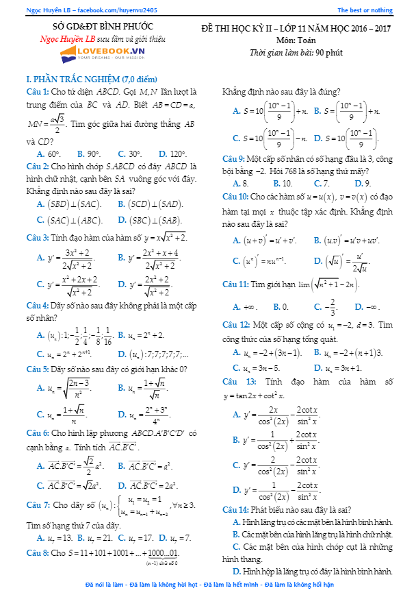 Đề thi HK2 Toán 11 năm học 2016 – 2017 sở GD và ĐT Bình Phước