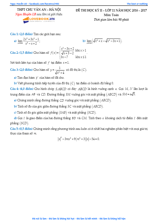 Đề thi HK2 Toán 11 năm học 2016 – 2017 trường THPT Chu Văn An – Hà Nội