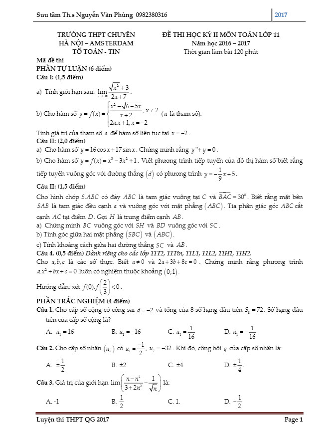 Đề thi HK2 Toán 11 năm học 2016 – 2017 trường THPT chuyên Hà Nội – Amsterdam
