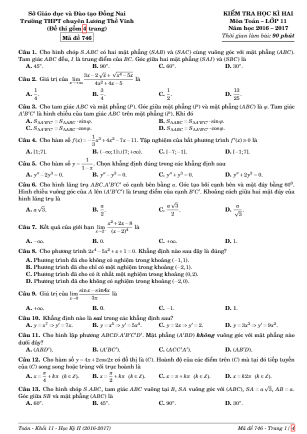 Đề thi HK2 Toán 11 năm học 2016 – 2017 trường THPT chuyên Lương Thế Vinh – Đồng Nai