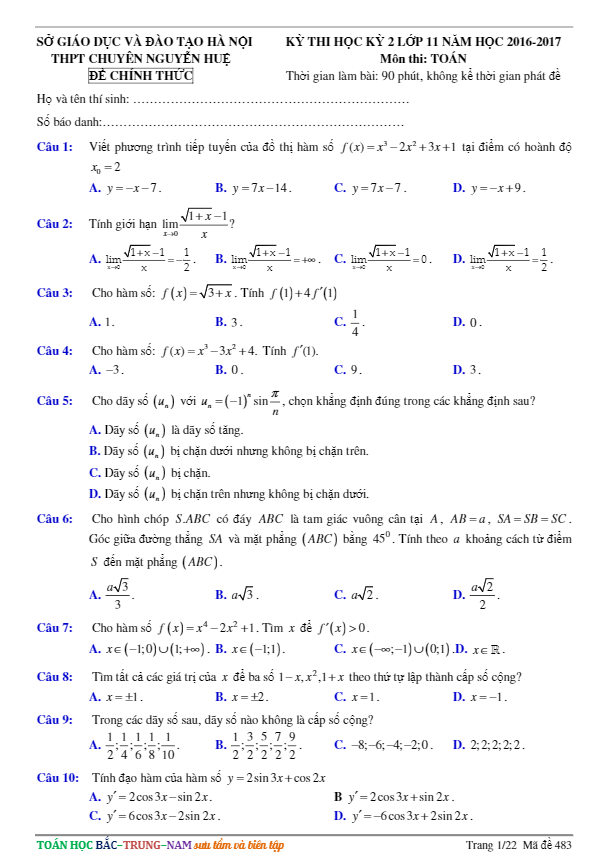 Đề thi HK2 Toán 11 năm học 2016 – 2017 trường THPT chuyên Nguyễn Huệ – Hà Nội