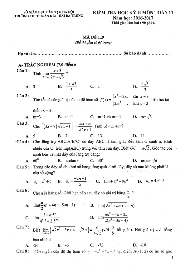 Đề thi HK2 Toán 11 năm học 2016 – 2017 trường THPT Đoàn Kết – Hai Bà Trưng – Hà Nội