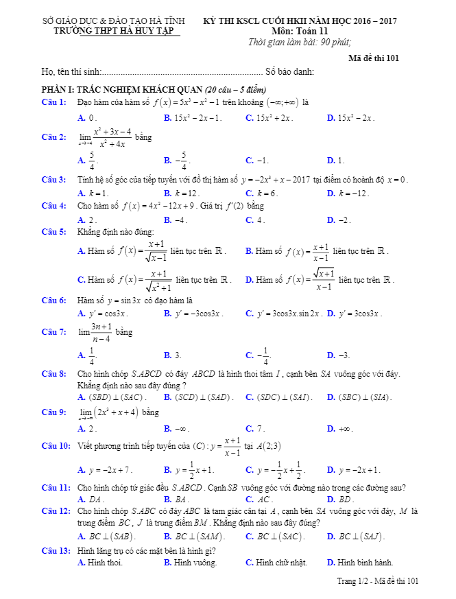 Đề thi HK2 Toán 11 năm học 2016 – 2017 trường THPT Hà Huy Tập – Hà Tĩnh
