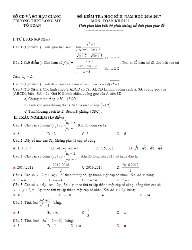 Đề thi HK2 Toán 11 năm học 2016 – 2017 trường THPT Long Mỹ – Hậu Giang