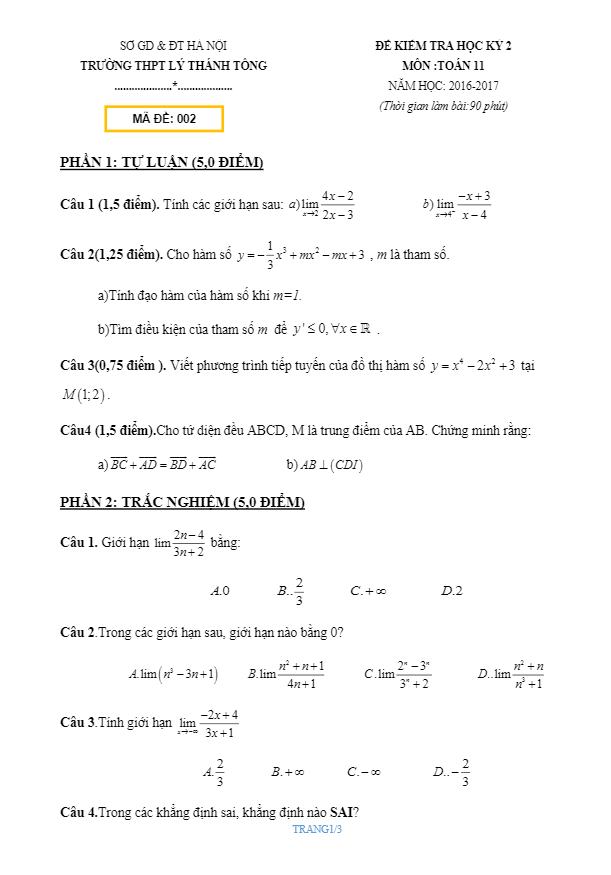 Đề thi HK2 Toán 11 năm học 2016 – 2017 trường THPT Lý Thánh Tông – Hà Nội
