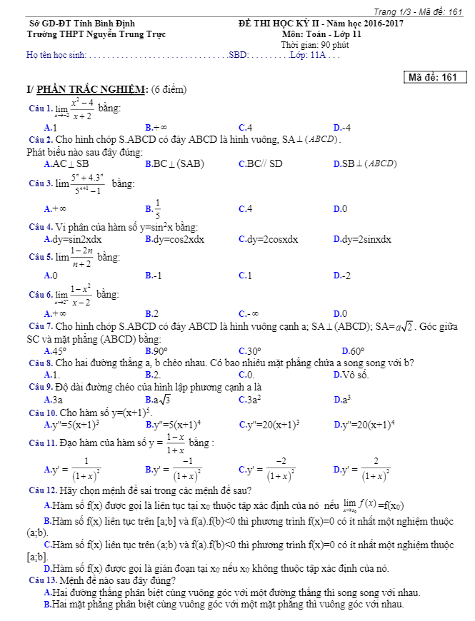 Đề thi HK2 Toán 11 năm học 2016 – 2017 trường THPT Nguyễn Trung Trực – Bình Định