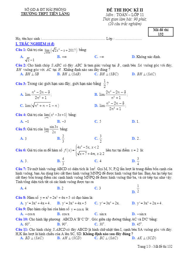 Đề thi HK2 Toán 11 năm học 2016 – 2017 trường THPT Tiên Lãng – Hải Phòng