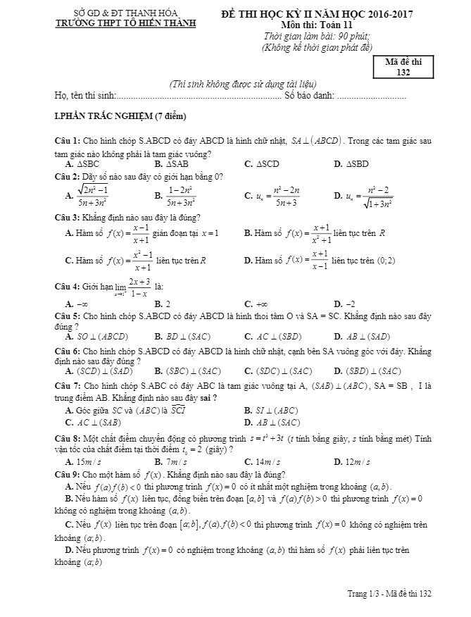 Đề thi HK2 Toán 11 năm học 2016 – 2017 trường THPT Tô Hiến Thành – Thanh Hóa