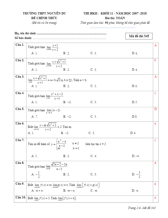 Đề thi HK2 Toán 11 năm học 2017 – 2018 trường THPT Nguyễn Du – Phú Yên