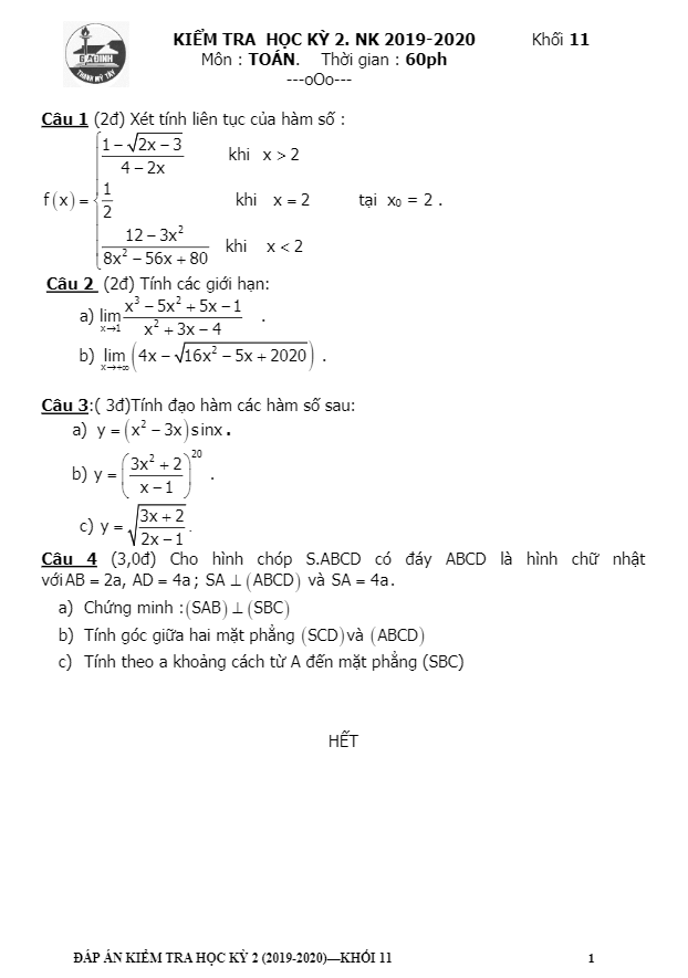 Đề thi HK2 Toán 11 năm học 2019 – 2020 trường THPT Gia Định – TP HCM