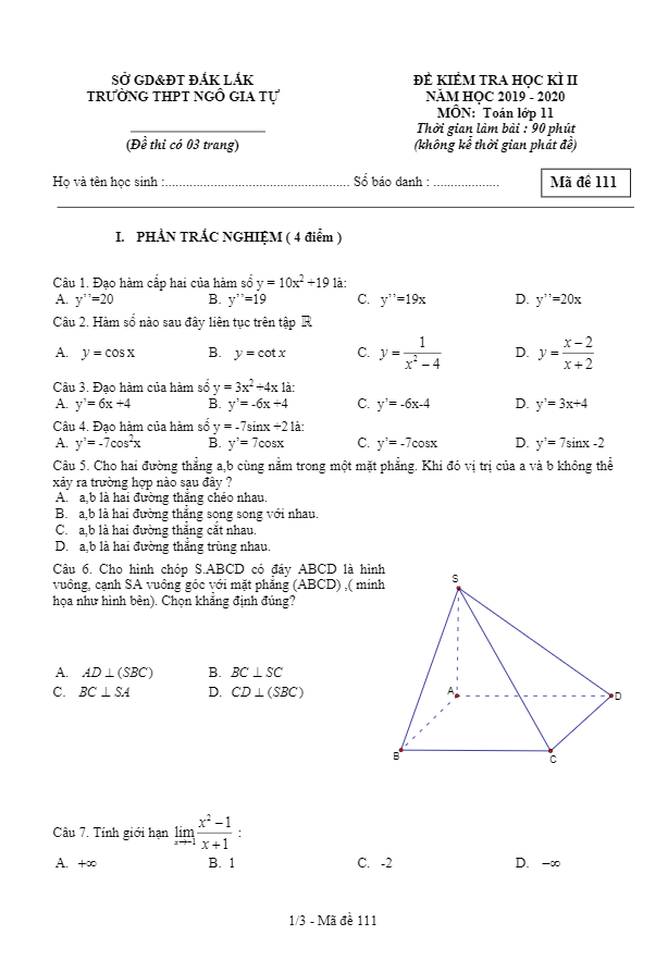 Đề thi HK2 Toán 11 năm học 2019 – 2020 trường THPT Ngô Gia Tự – Đắk Lắk