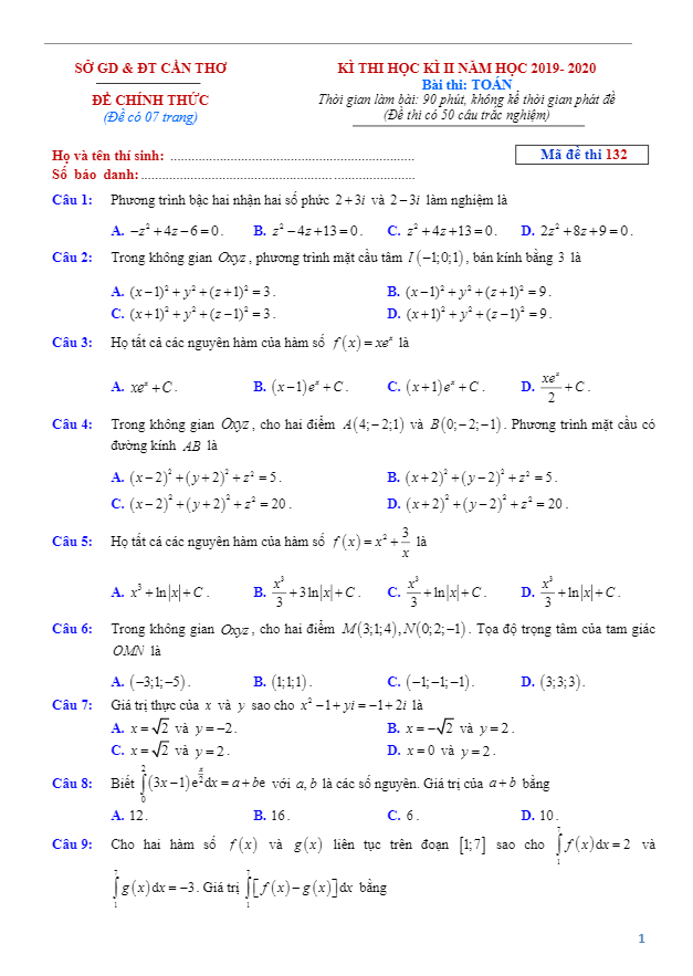 Đề thi HK2 Toán 12 GDTHPT năm học 2019 – 2020 sở GD&ĐT Cần Thơ