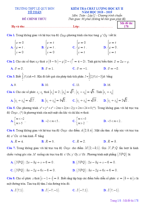 Đề thi HK2 Toán 12 năm 2018 – 2019 trường chuyên Lê Quý Đôn – Khánh Hòa