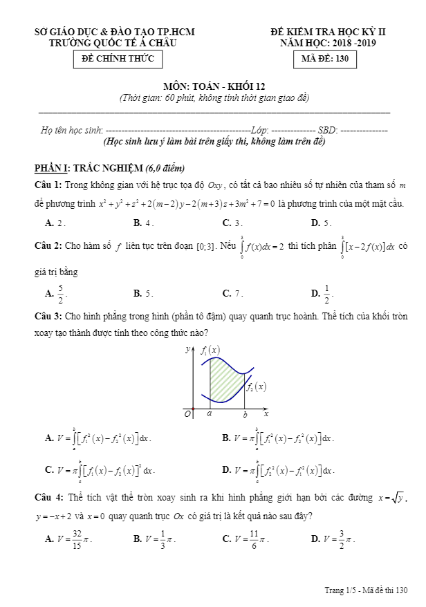 Đề thi HK2 Toán 12 năm 2018 – 2019 trường Quốc tế Á Châu – TP HCM