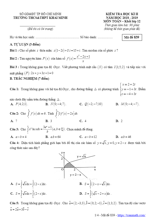 Đề thi HK2 Toán 12 năm 2018 – 2019 trường THCS&THPT Khai Minh – TP HCM
