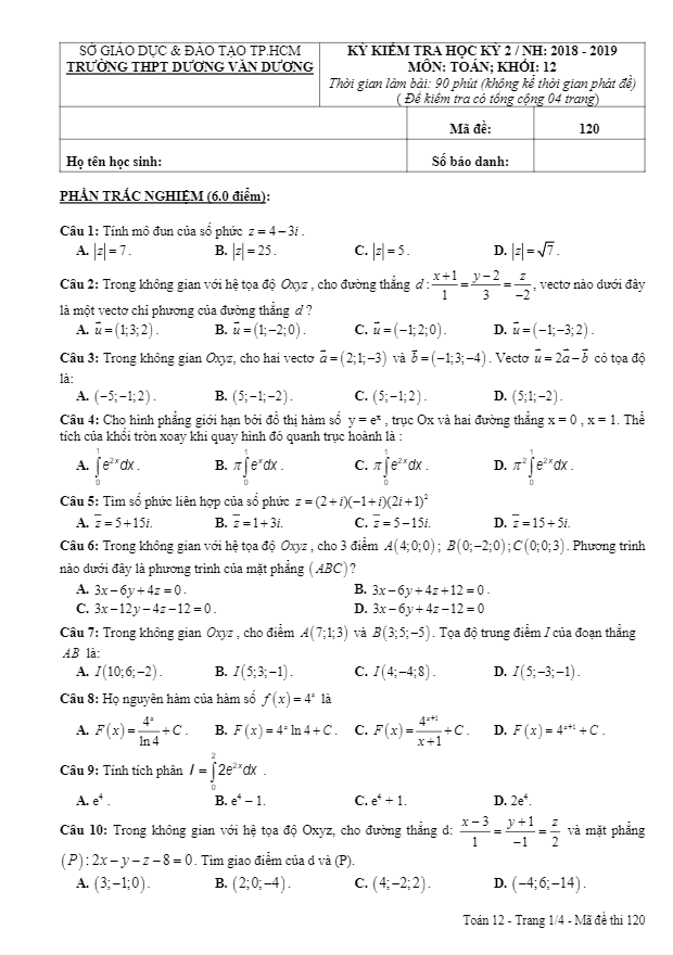 Đề thi HK2 Toán 12 năm 2018 – 2019 trường THPT Dương Văn Dương – TP HCM